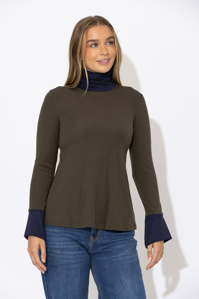 Khaki Tencel Turtle Neck Top