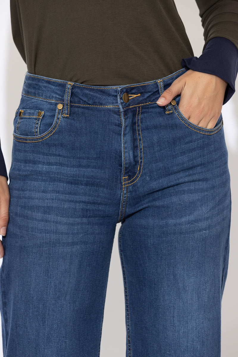Mid Denim Mid Rise Wide Leg Jean