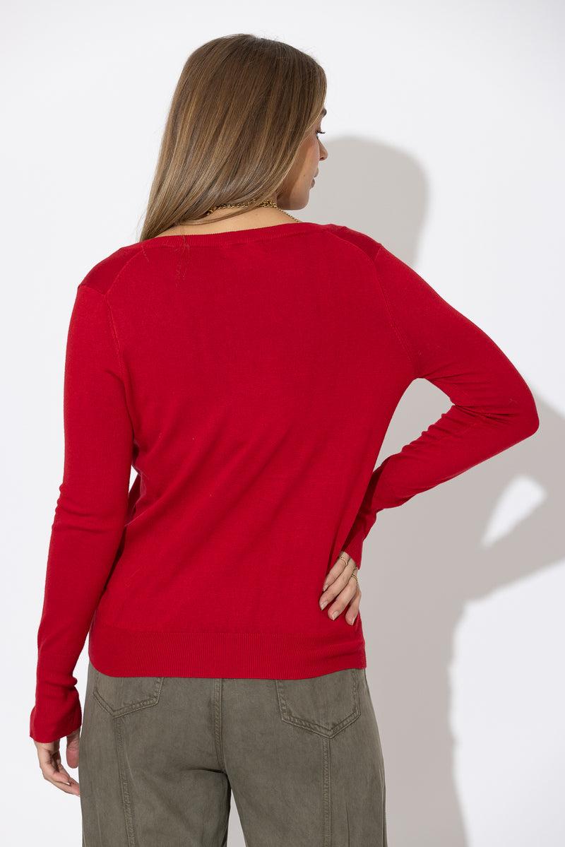 Red Fine Knit V Top