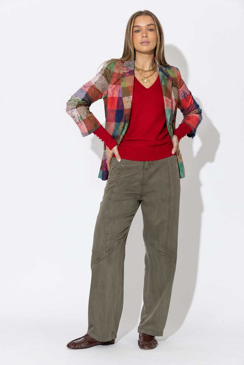 Red Fine Knit V Top