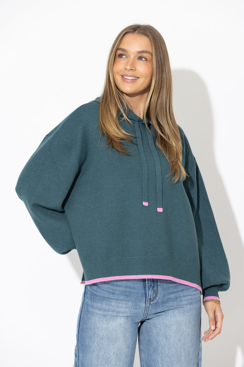 Teal Contrast Hood Knit Jumper