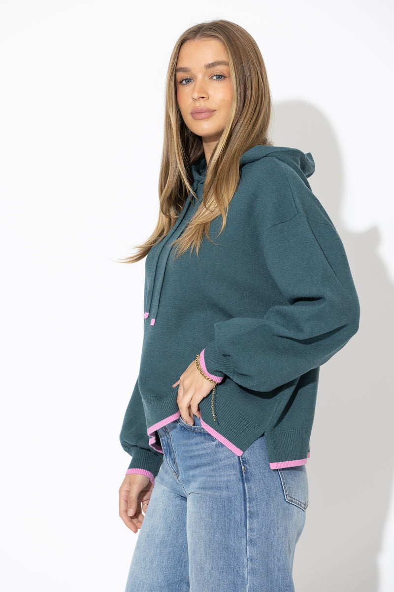 Teal Contrast Hood Knit Jumper