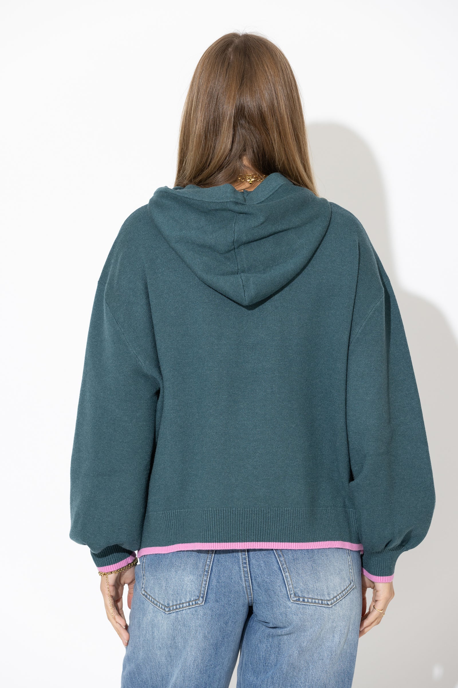 Teal Contrast Hood Knit Jumper
