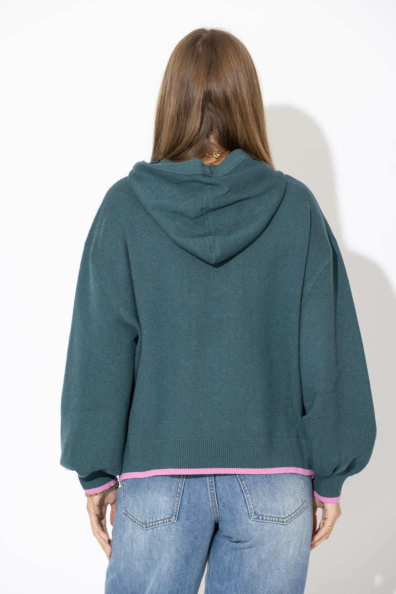 Teal Contrast Hood Knit Jumper