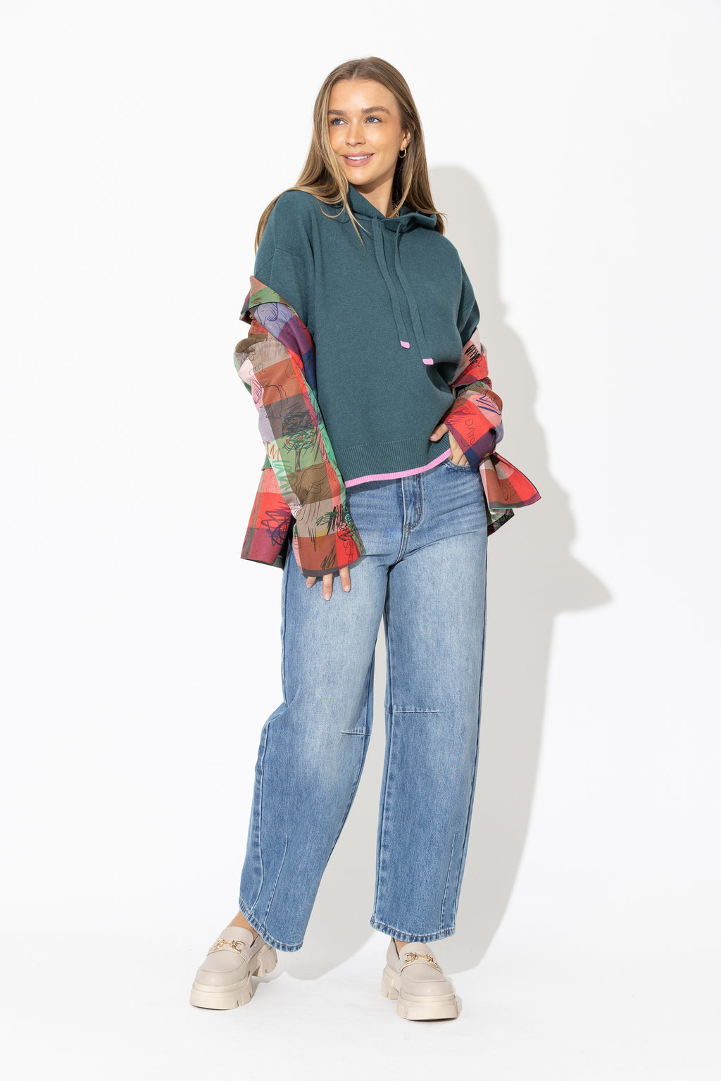 Teal Contrast Hood Knit Jumper