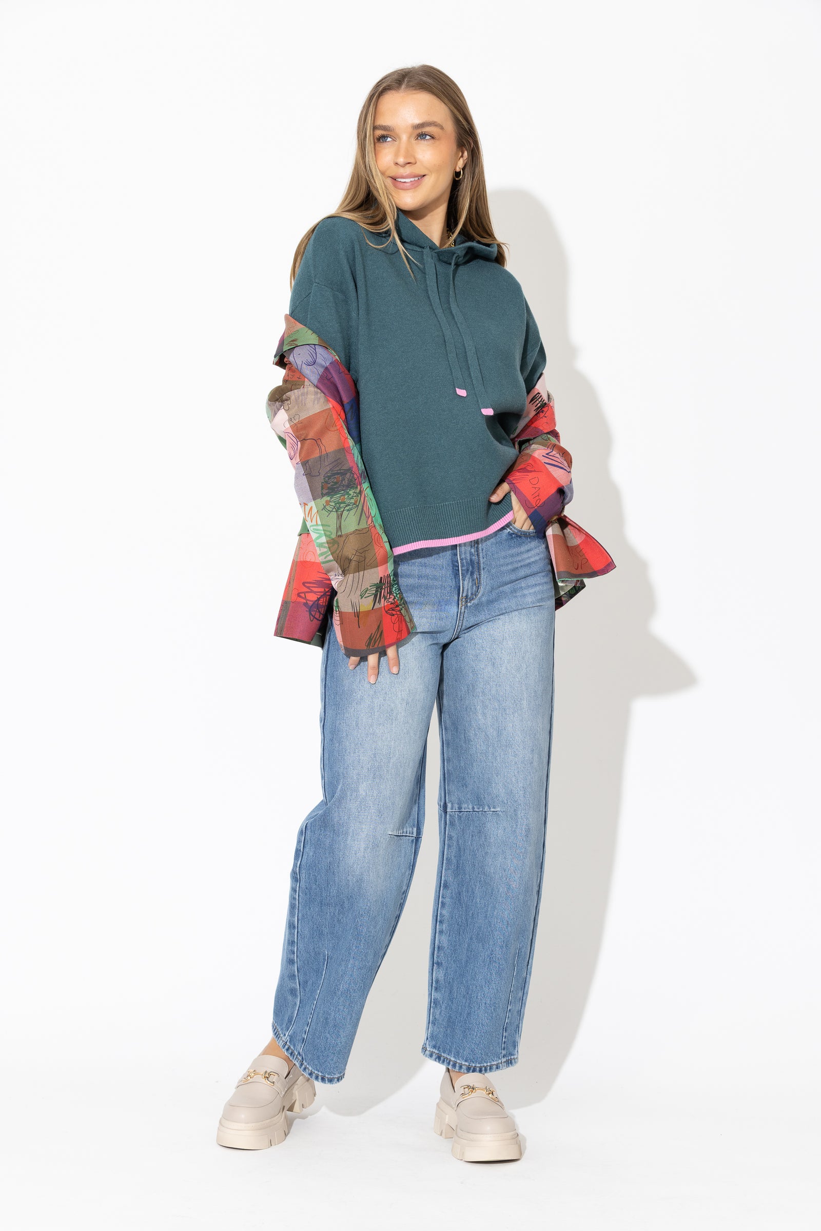 Teal Contrast Hood Knit Jumper