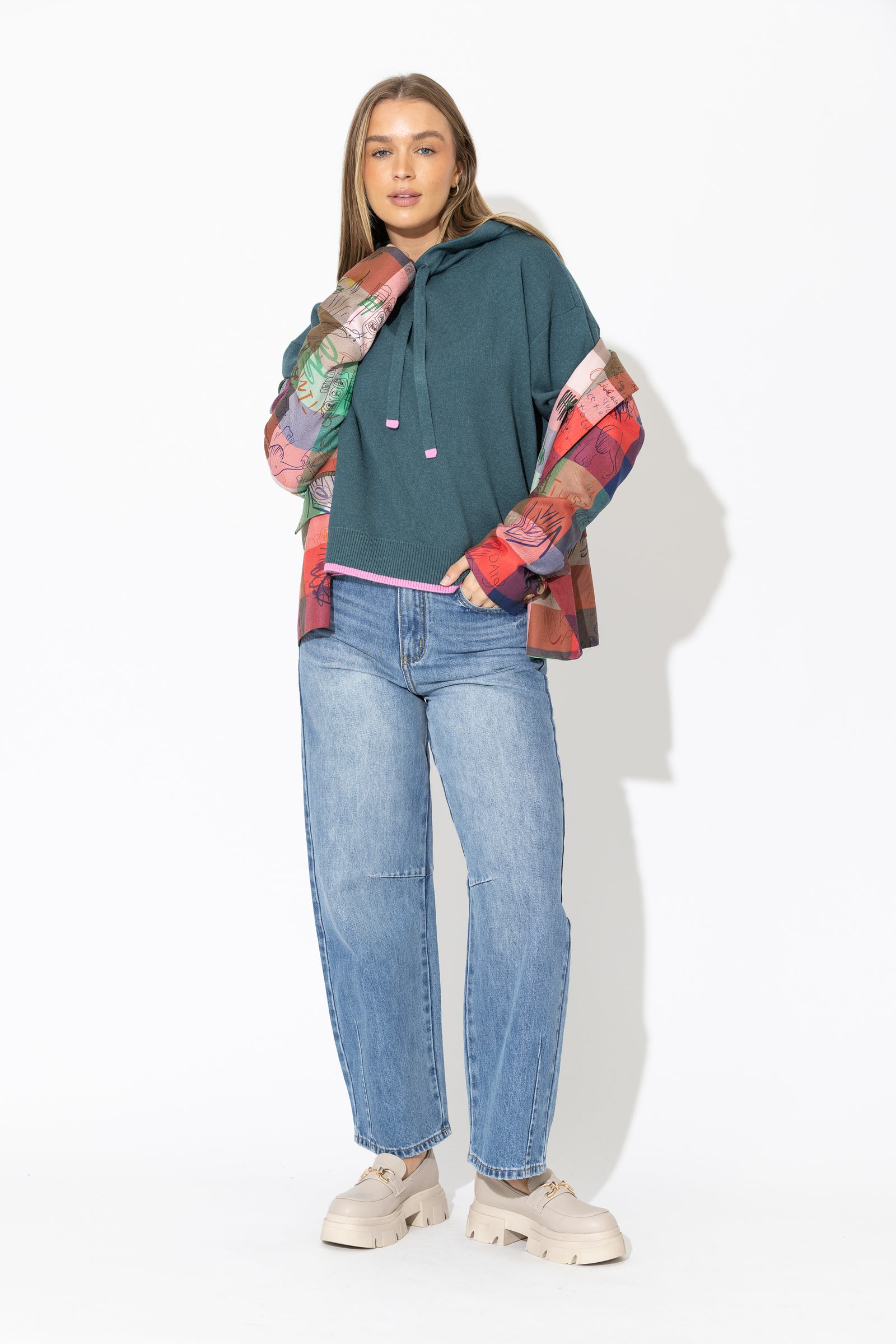 Teal Contrast Hood Knit Jumper