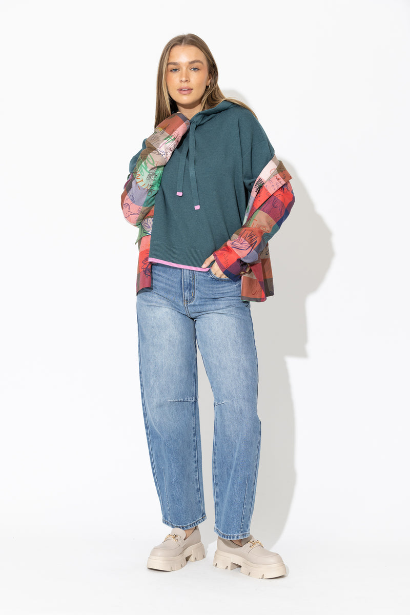 Teal Contrast Hood Knit Jumper