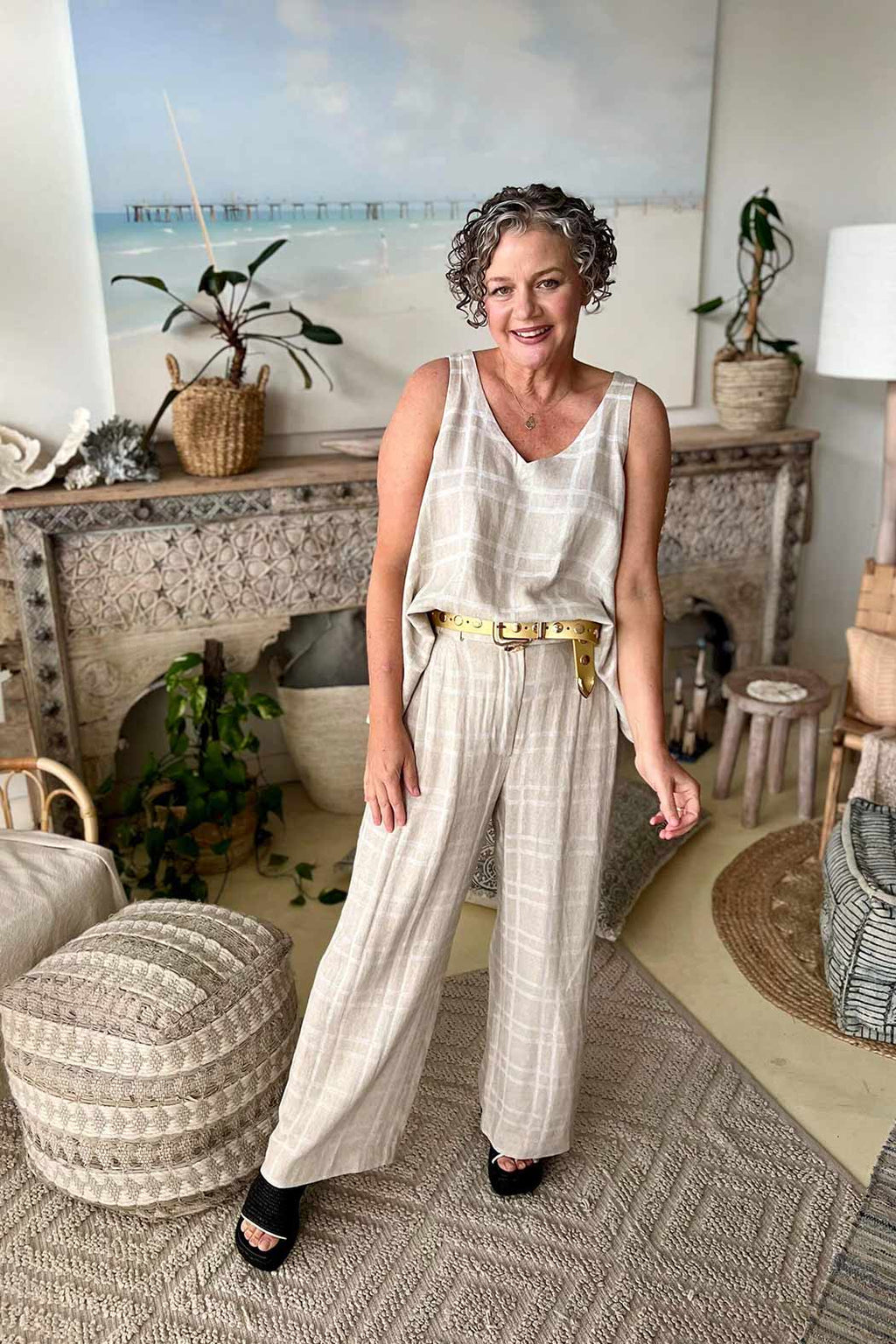 Natural Check Linen Crop Cleo Pant