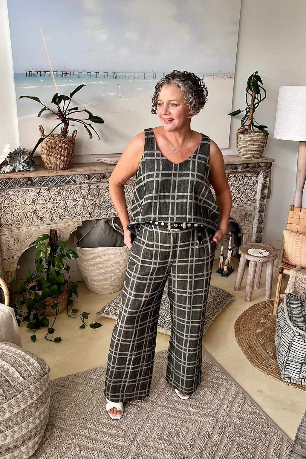 Black Check Linen Crop Cleo Pant