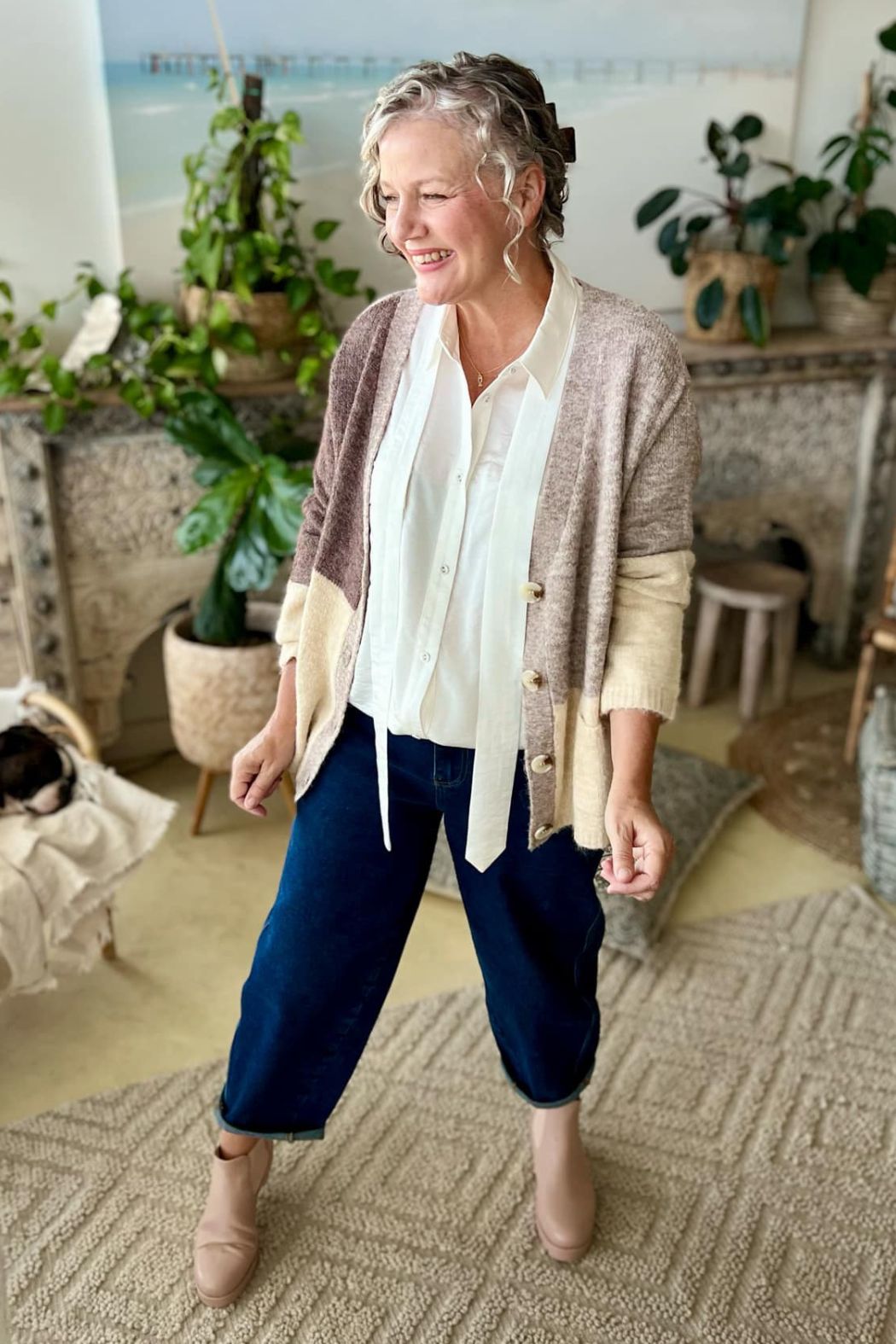 Taupe Recycled Yarn Fluffy Cardigan Taupe S