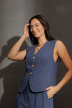 Navy Sandwashed Linen Tailored Vest