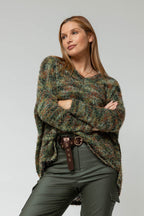 Khaki Speckle Fluffy V Neck Jumper