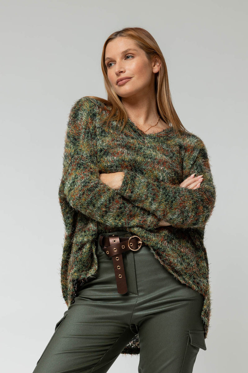 Khaki Speckle Fluffy V Neck Jumper