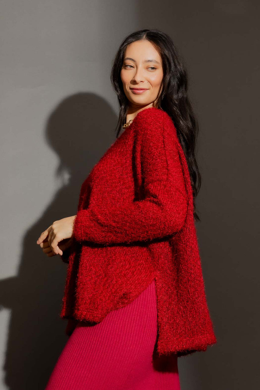 Burgundy Fluffy V Neck Jumper