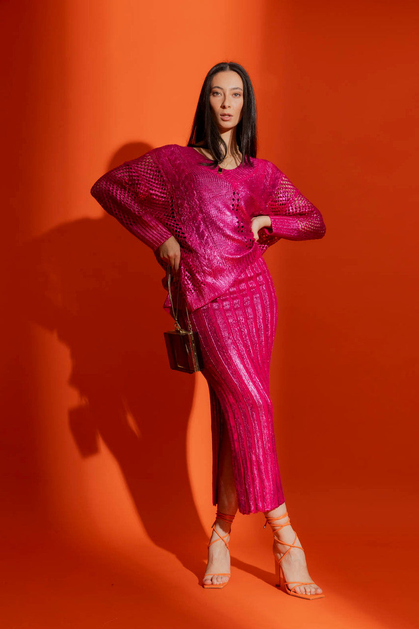 Pink Crochet Foil Knit Skirt