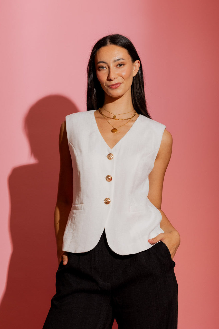 White Self Stripe Tailored Vest