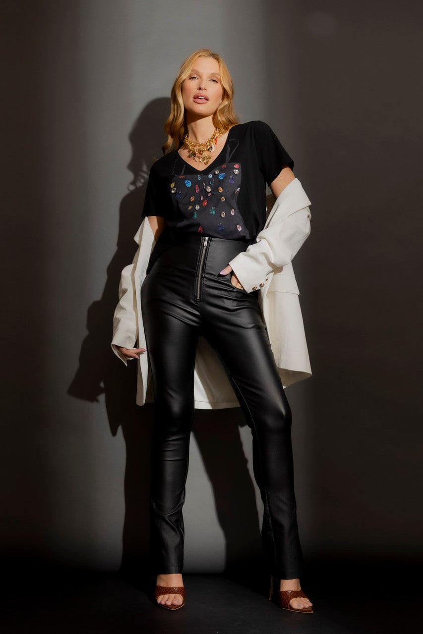 Black Waxed Zip Front Split Pant