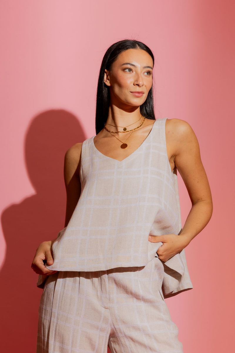 Natural Check Linen Bell Top
