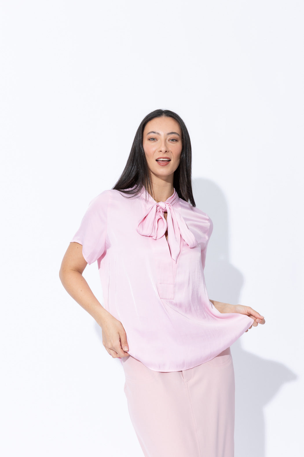 Pale Pink Silky Tie Collar Blogger Shirt