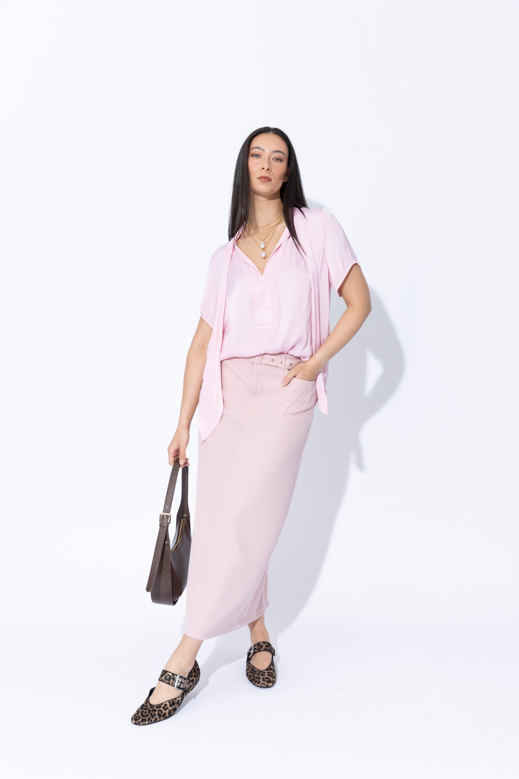 Pale Pink Silky Tie Collar Blogger Shirt