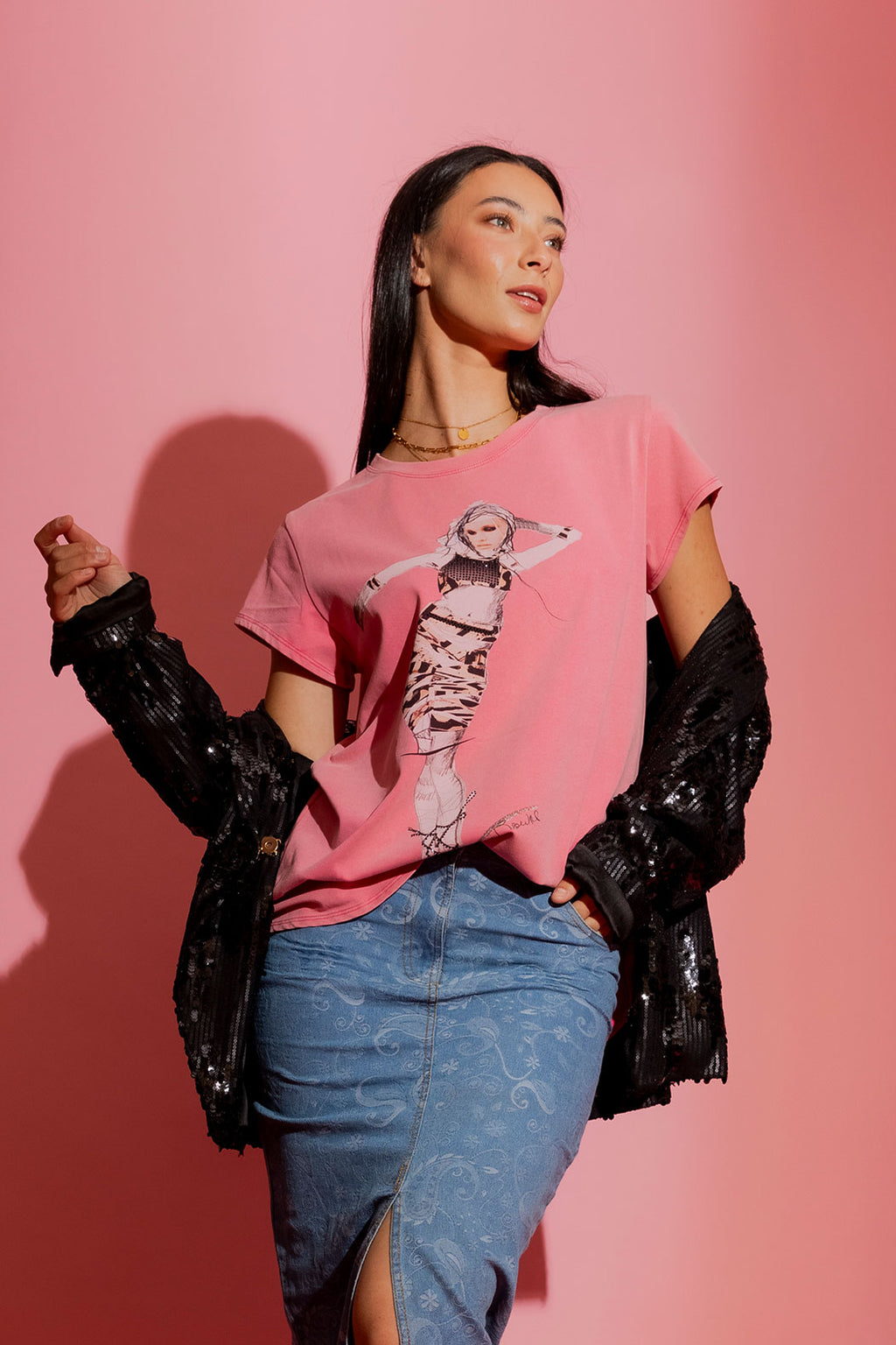 Pink Washed T-Shirt with Sequin Dancer Print
