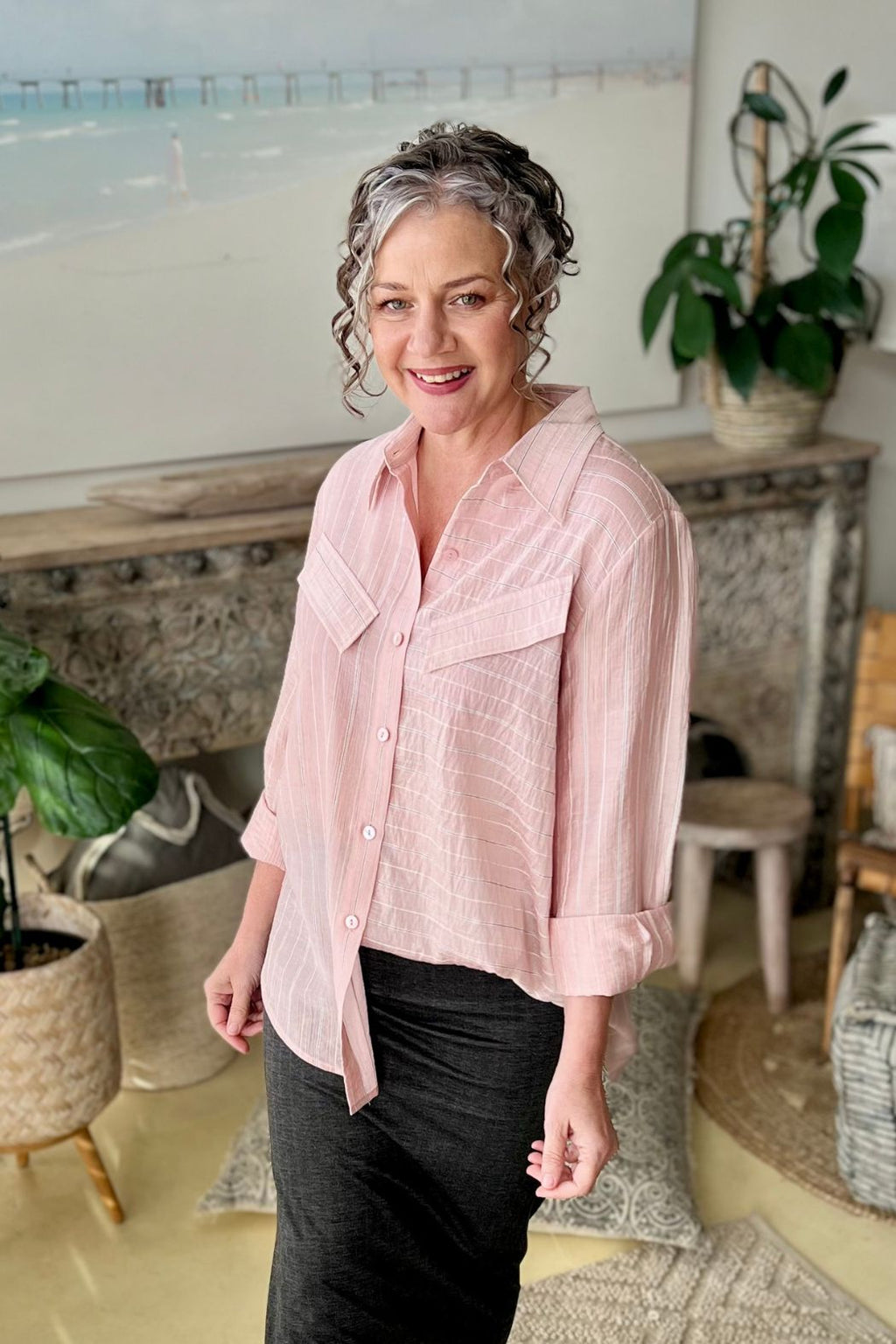 Pink Tencel Stripe Pocket Shirt