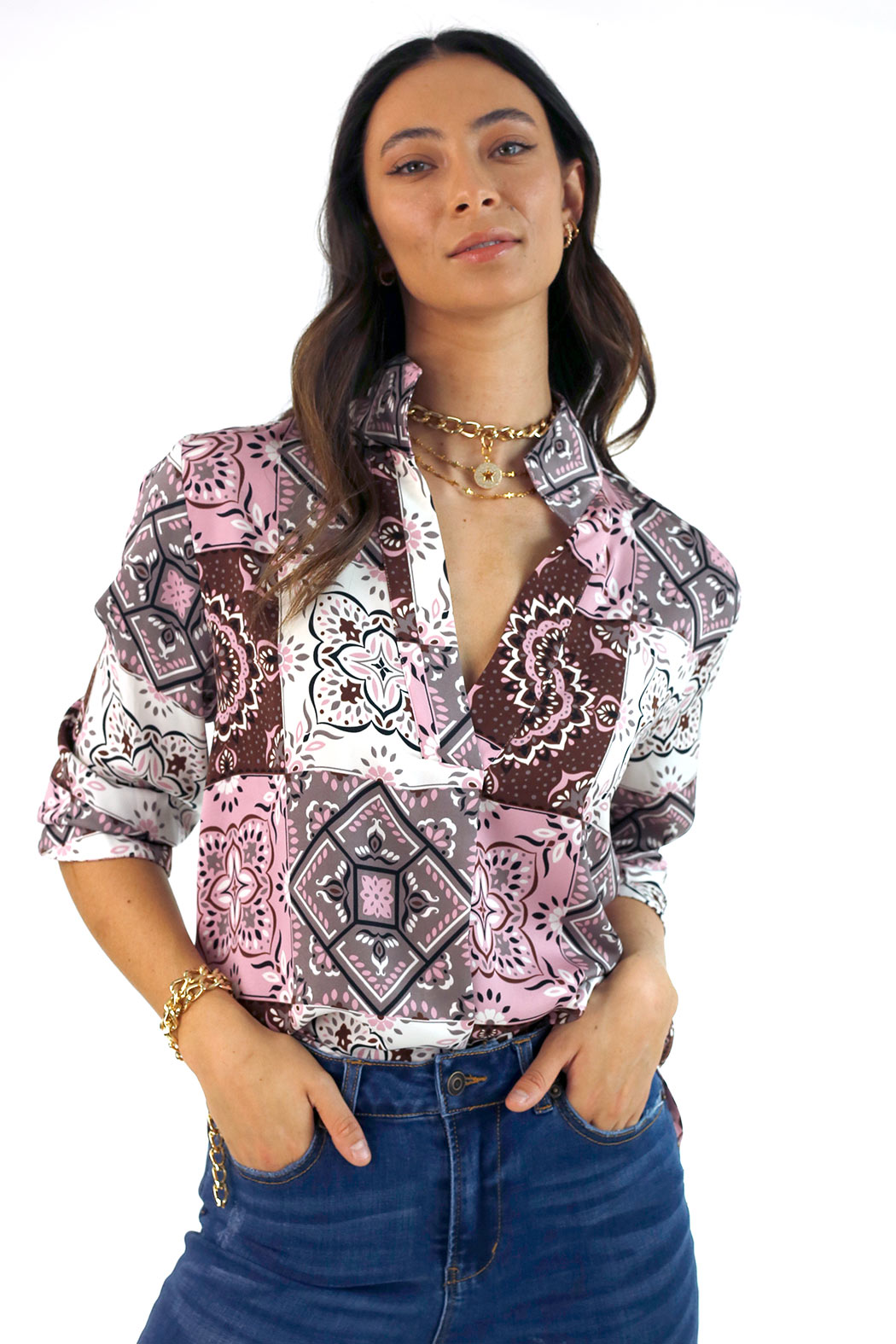 Pink & Choc Silky Blogger Shirt - FINAL SALE