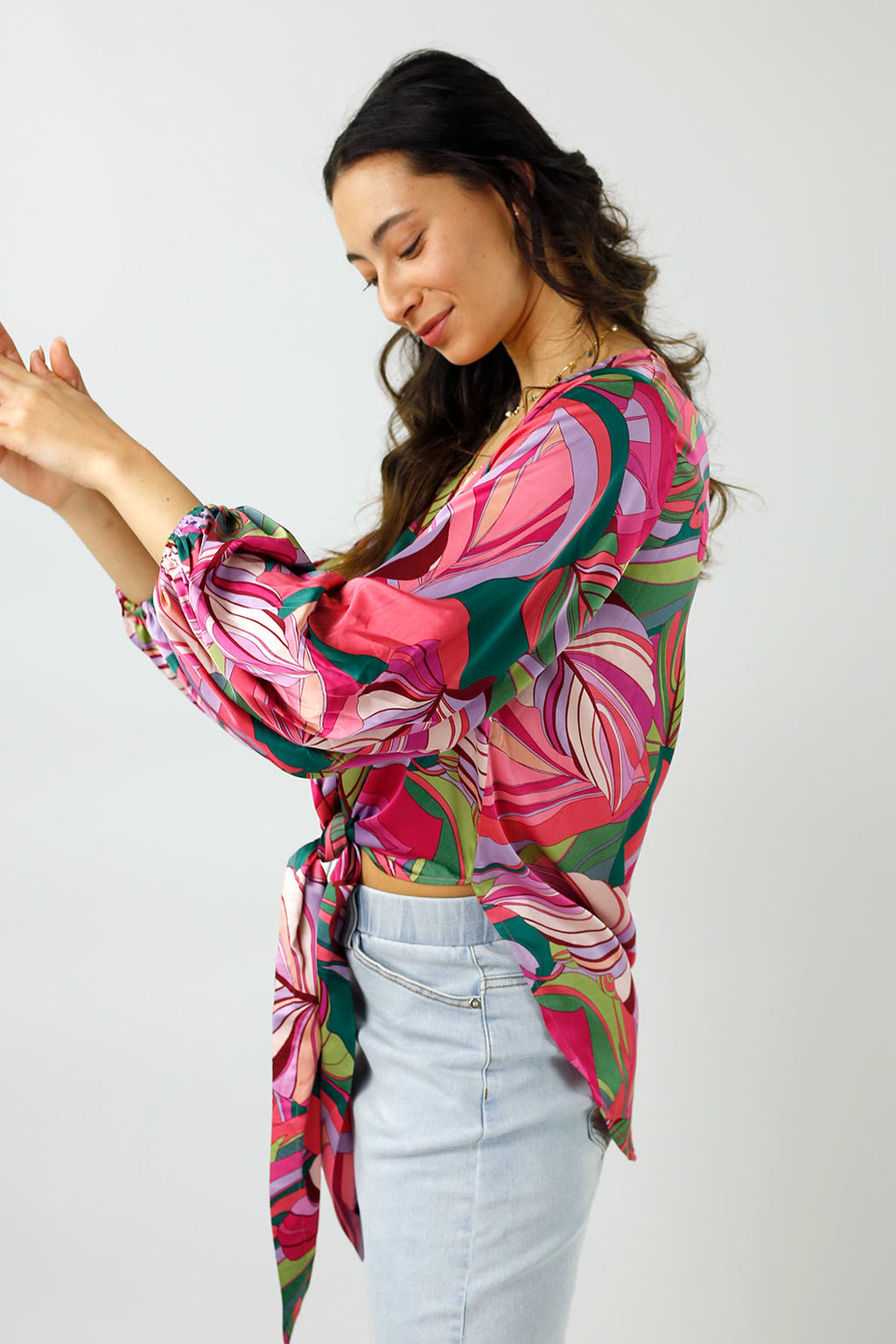 Pink Leaf Silky Zhoush Shirt - FINAL SALE