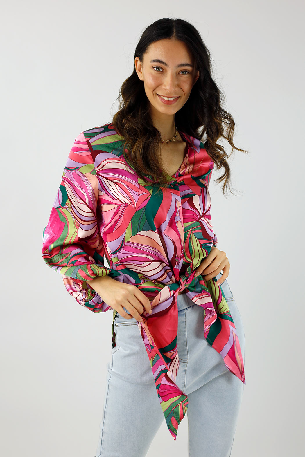 Pink Leaf Silky Zhoush Shirt - FINAL SALE