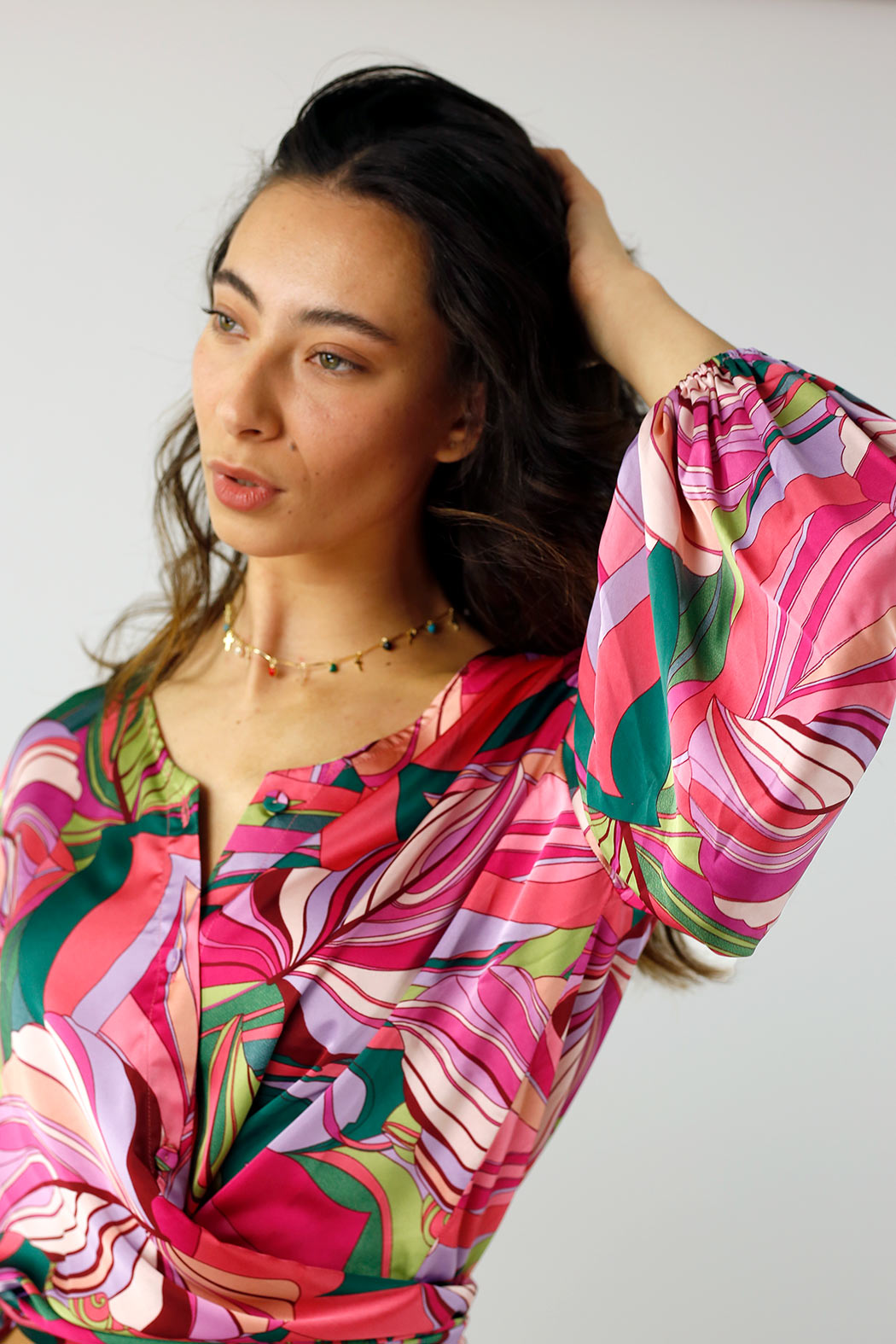 Pink Leaf Silky Zhoush Shirt - FINAL SALE