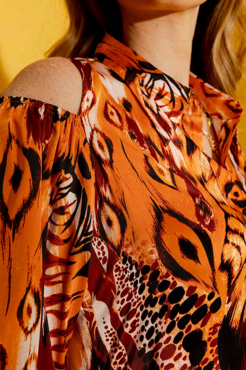 Orange Print Silky Keyhole Shirt