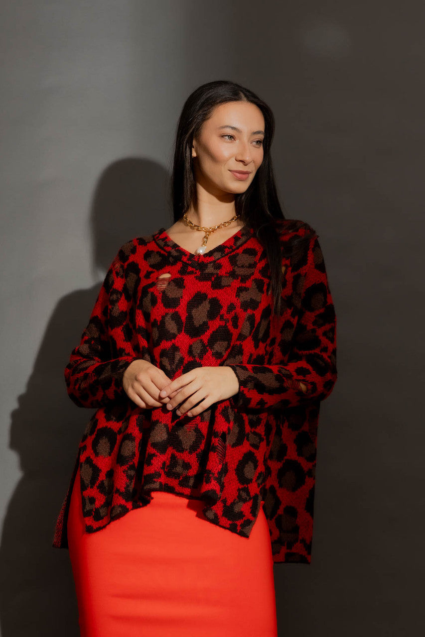 Red Distressed Leopard Knit Red S/M