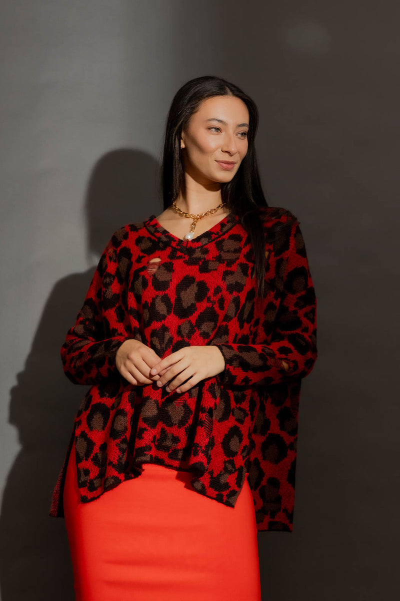 Red Distressed Leopard Knit Red S/M