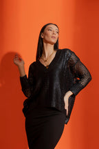 Black Crochet Foil V Neck Jumper