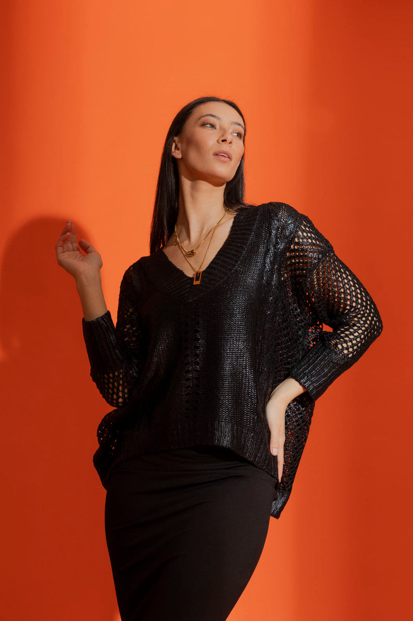 Black Crochet Foil V Neck Jumper