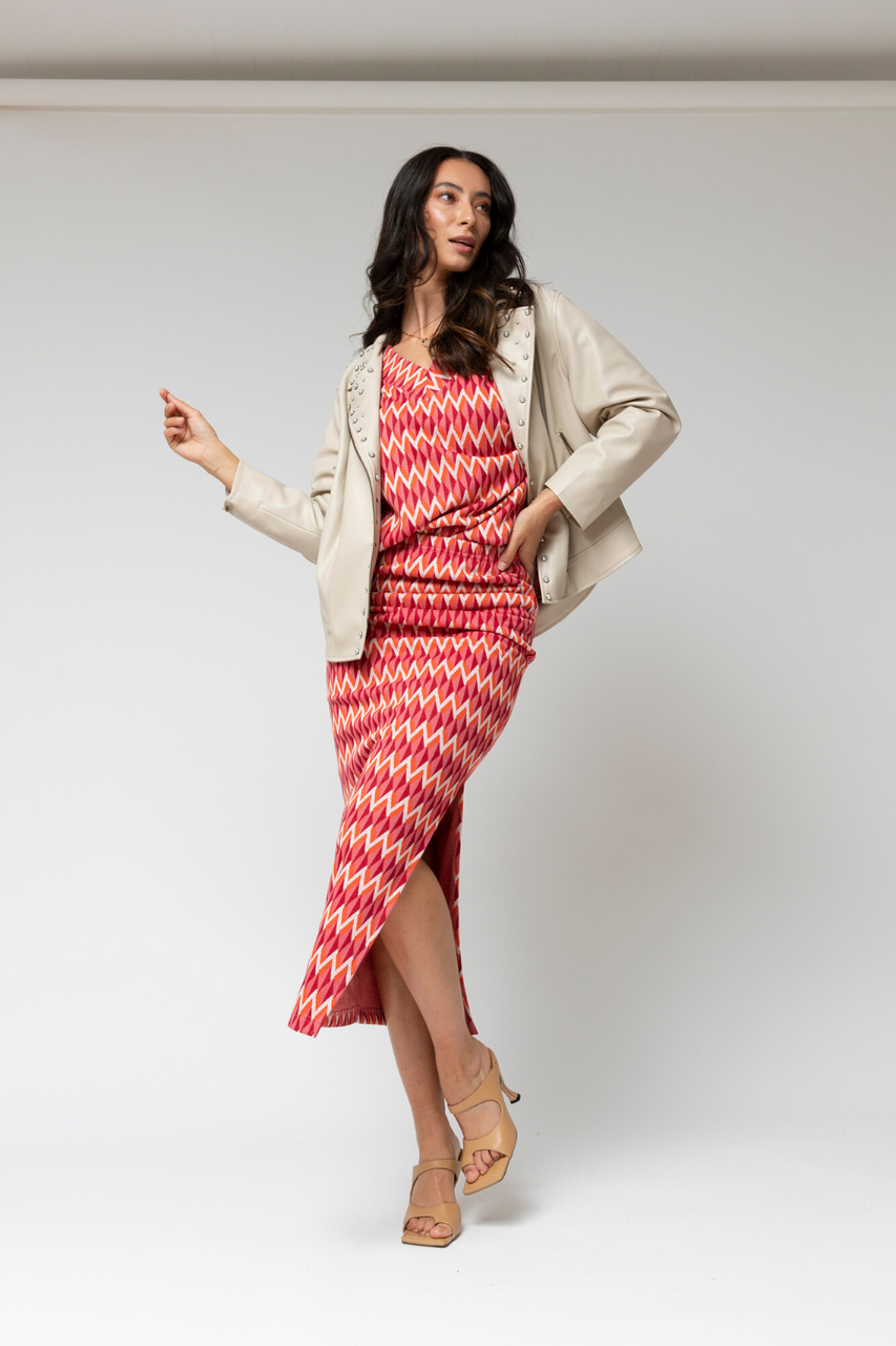 Orange Pink Jacquard V Neck Jumper - Sale
