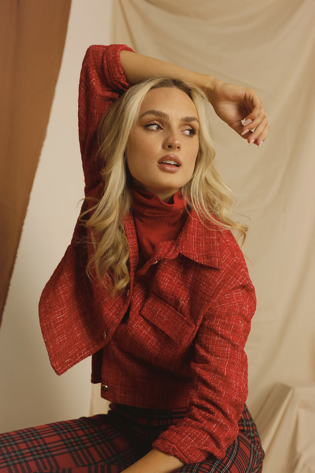 Crop Textured Blazer - Red- SALE