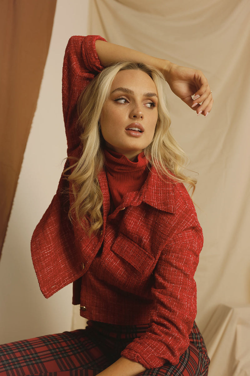 Crop Textured Blazer - Red- SALE