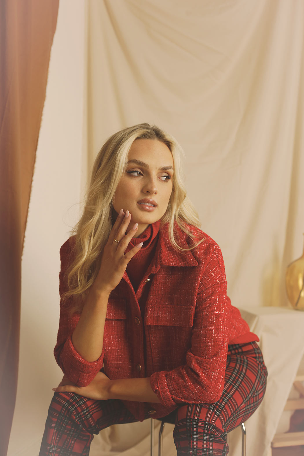Crop Textured Blazer - Red- SALE