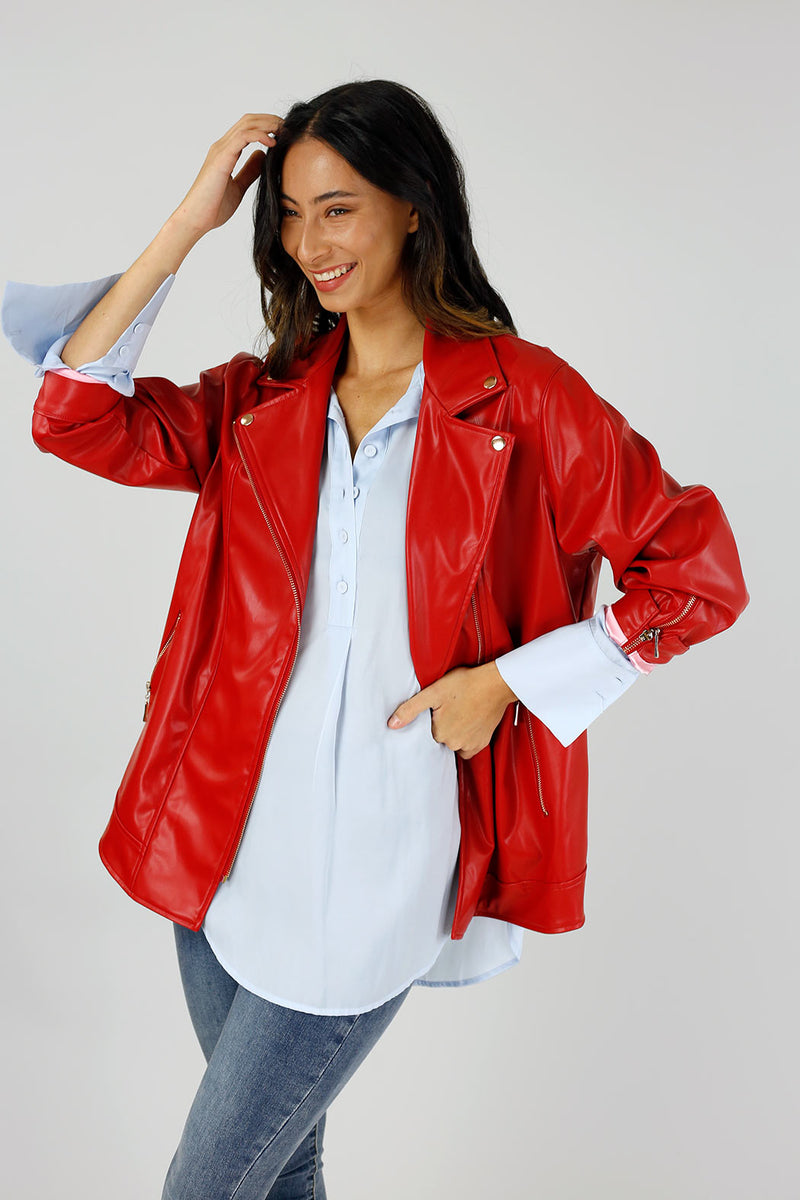 Red Vegan Leather Biker Jacket - FINAL SALE