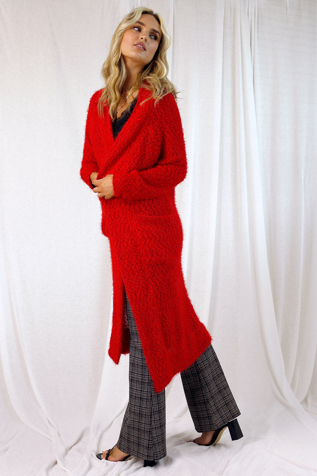 Red Fluffy Raglan Cardi - SALE