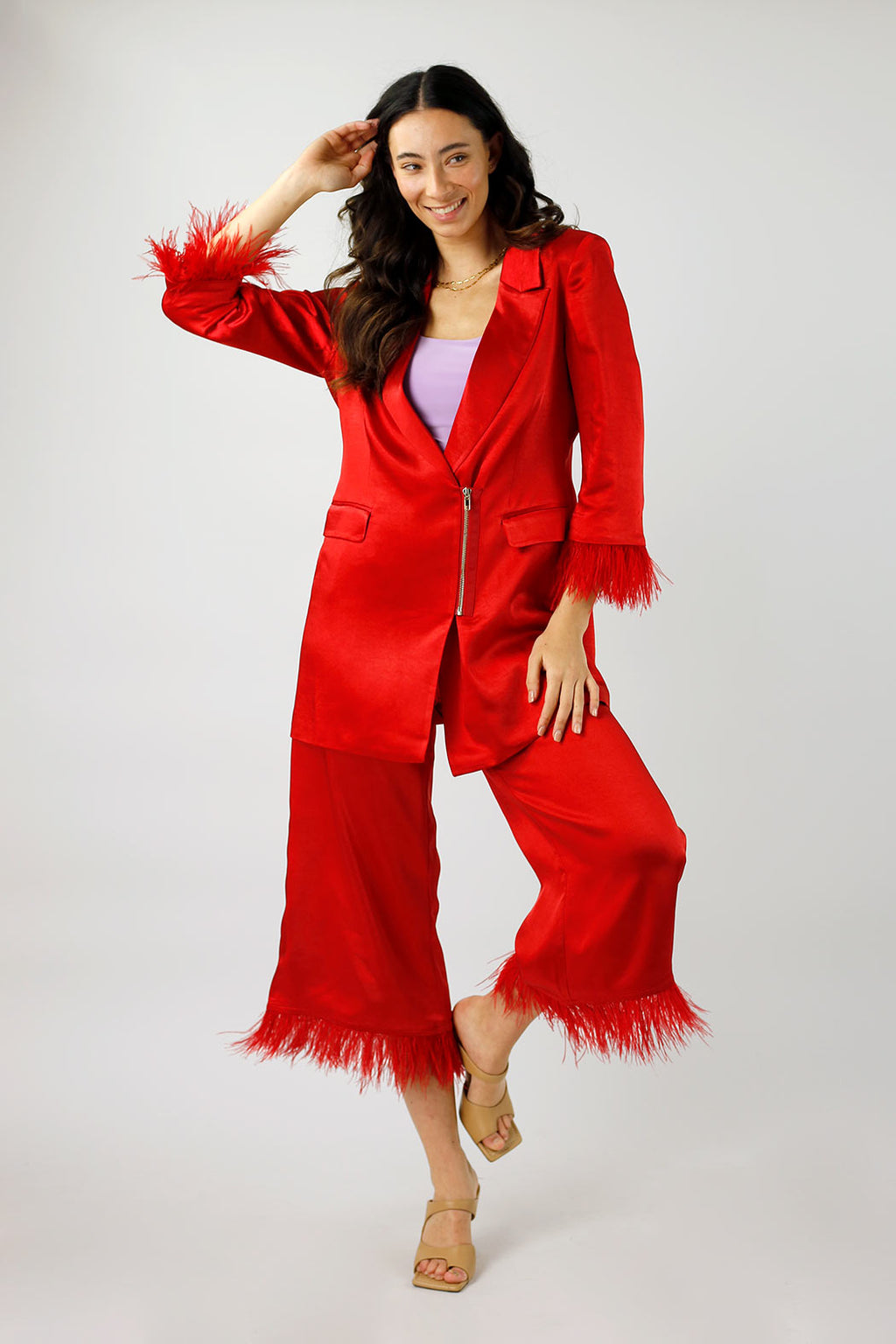 Red Satin Feather Culottes - FINAL SALE
