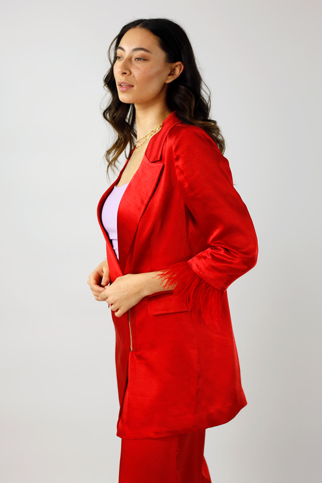 Red Satin Feather Blazer - Final Sale