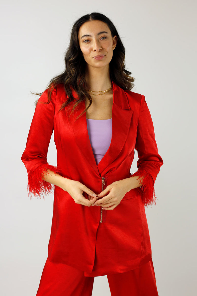 Red Satin Feather Blazer - Final Sale
