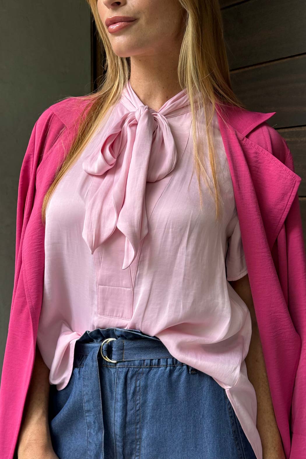 Pale Pink Silky Tie Collar Blogger Shirt