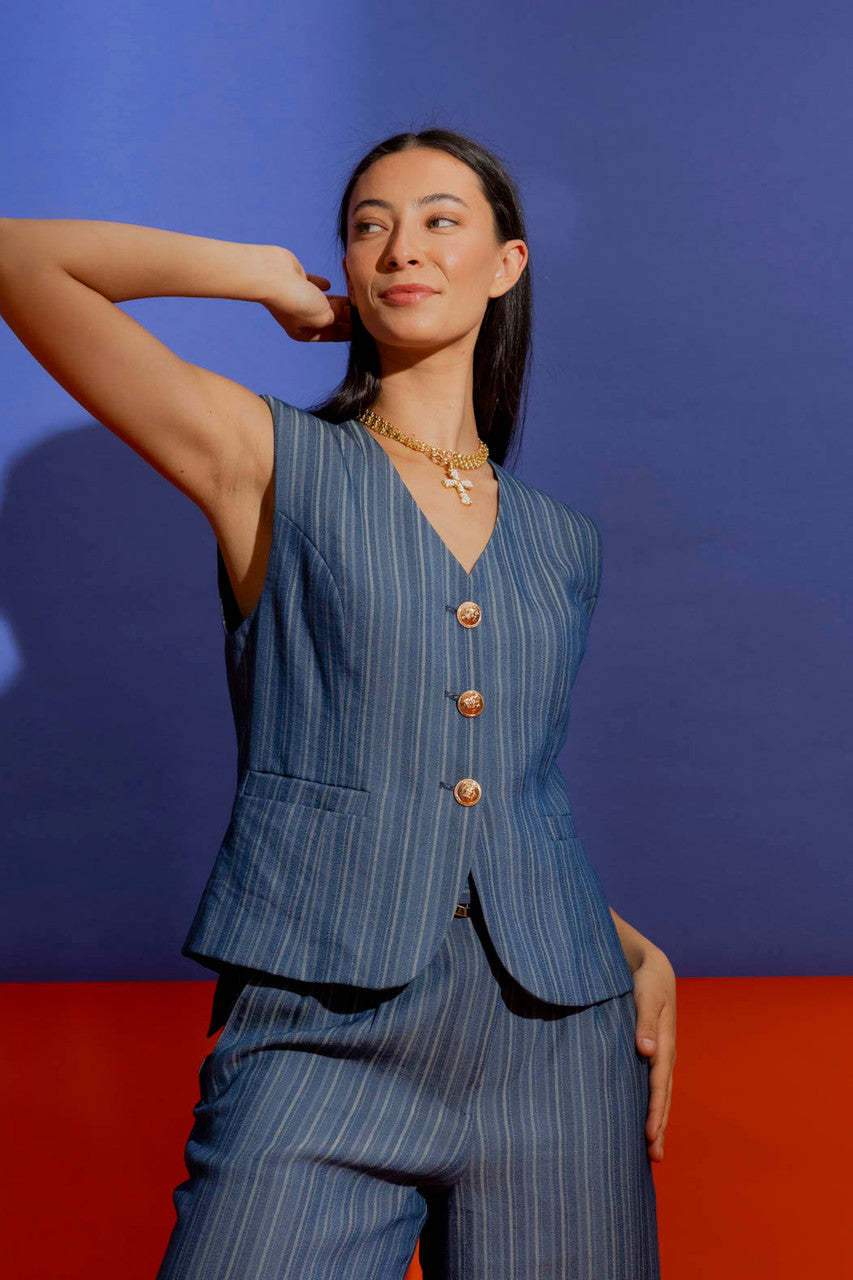 Denim Self Stripe Vest