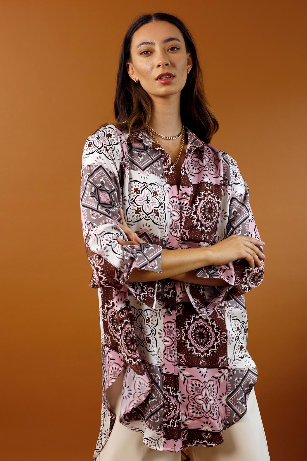 Pink/Choc Silky Boyfriend Maxi Shirt - SALE