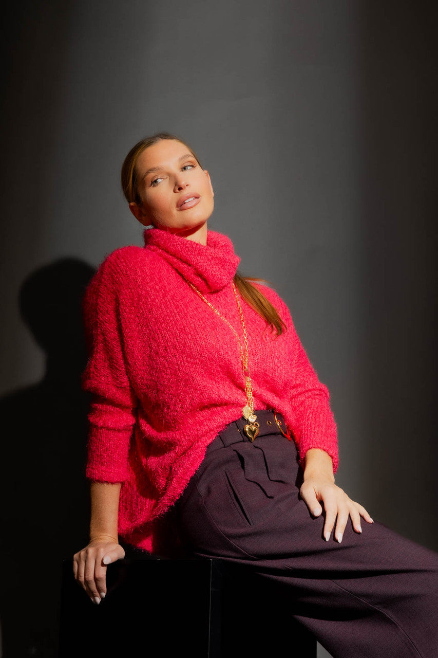 Raspberry Fluffy Roll Neck Jumper