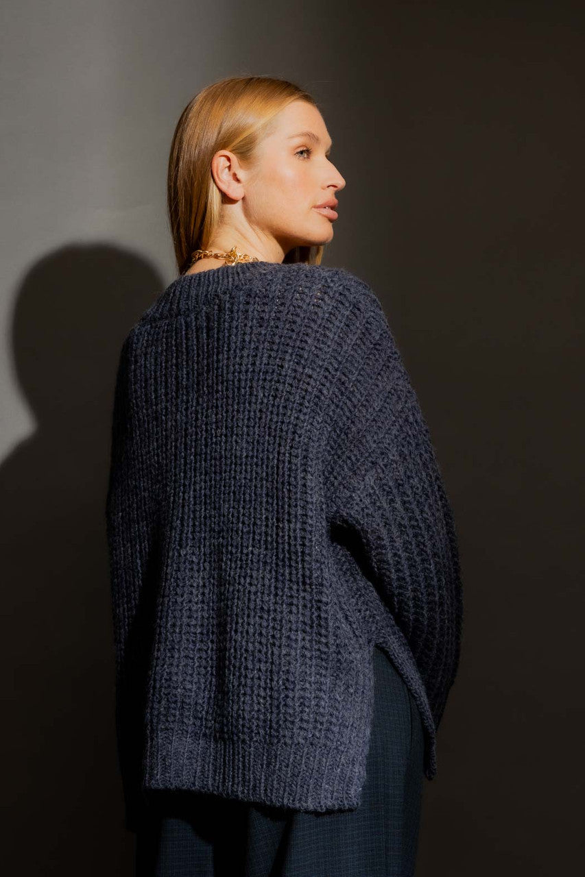 Washed Navy Chunky V Neck Jumper Navy S